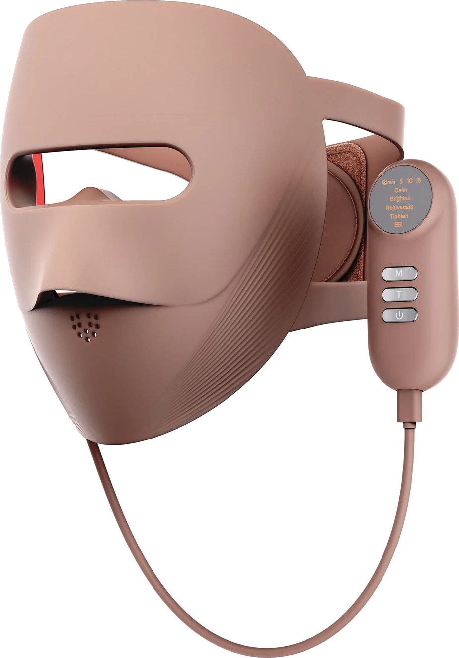 Masque LED visage Masque Chrysalide terracotta de trois quarts avec télécommande