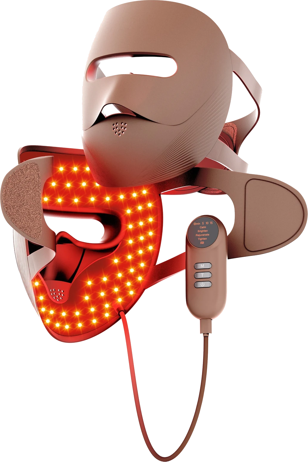 Masque LED visage Masque Chrysalide terracotta allumé en lumière rouge, vue éclatée
